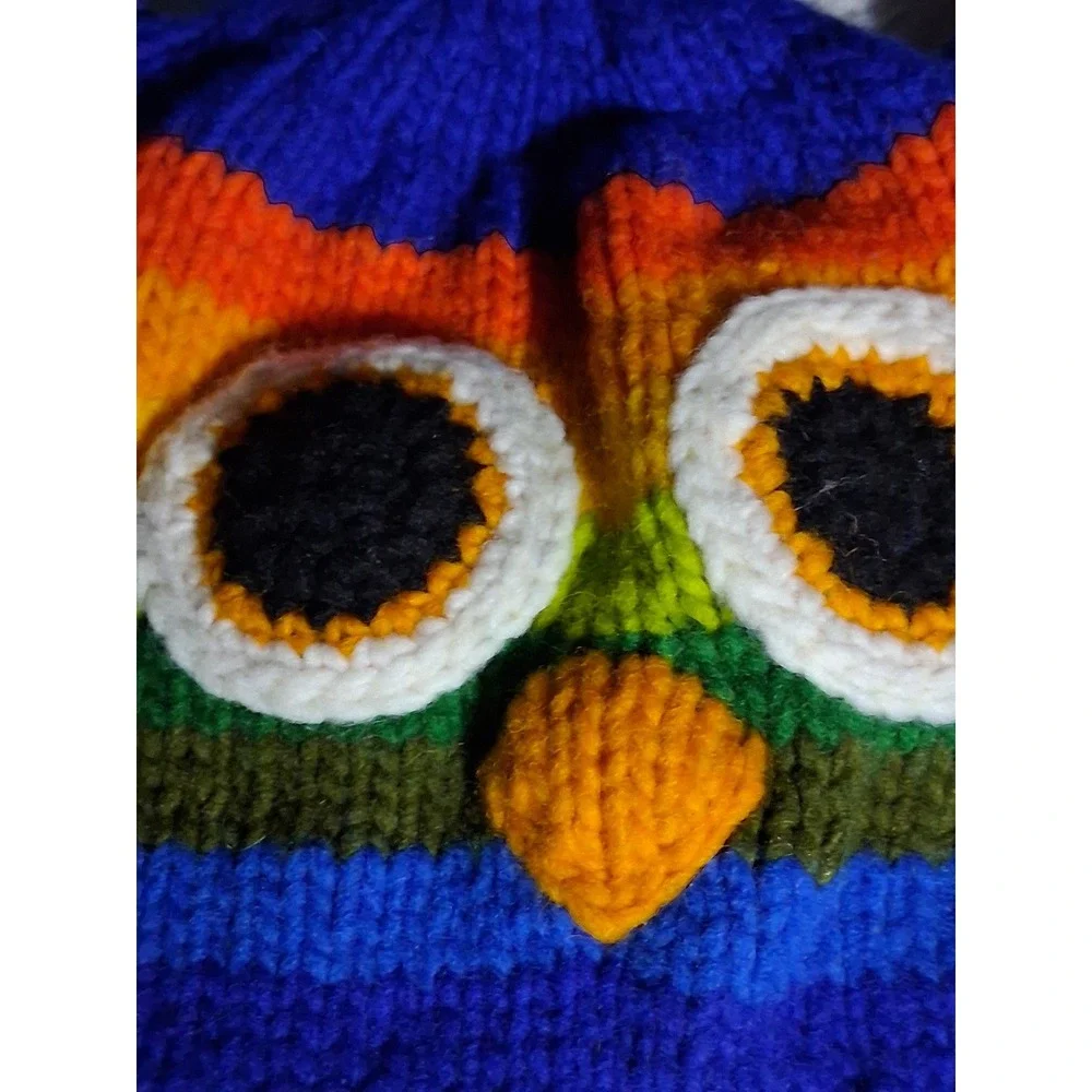 Vive Bien Youth Rainbow Owl Wool  Hat Fleece Lined Handcrafted Ecuador